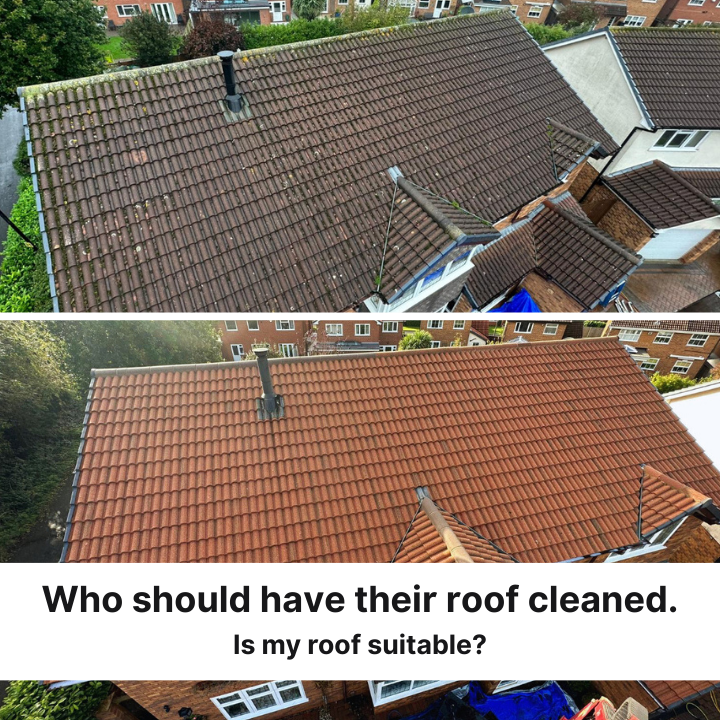 Two photos of a brown tile roof; the top one is dirty, the bottom one is clean, asking if a roof should be cleaned.
