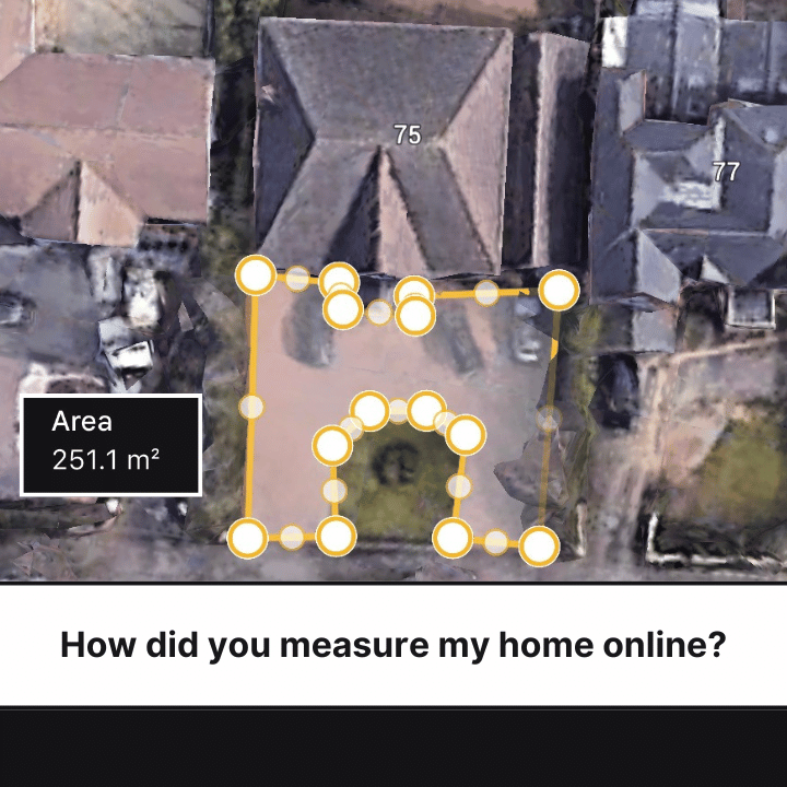 Satellite view of a house frontage with a yellow digital boundary overlay and an area measurement of 251.1 square meters.