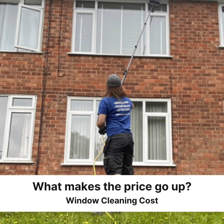 Person cleaning a window on a stone building with a pole; text asks about factors affecting window cleaning costs.