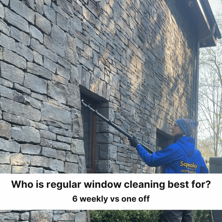 Person cleaning a stone building's window with a long-handled brush. Text asks about the best frequency for window cleaning.