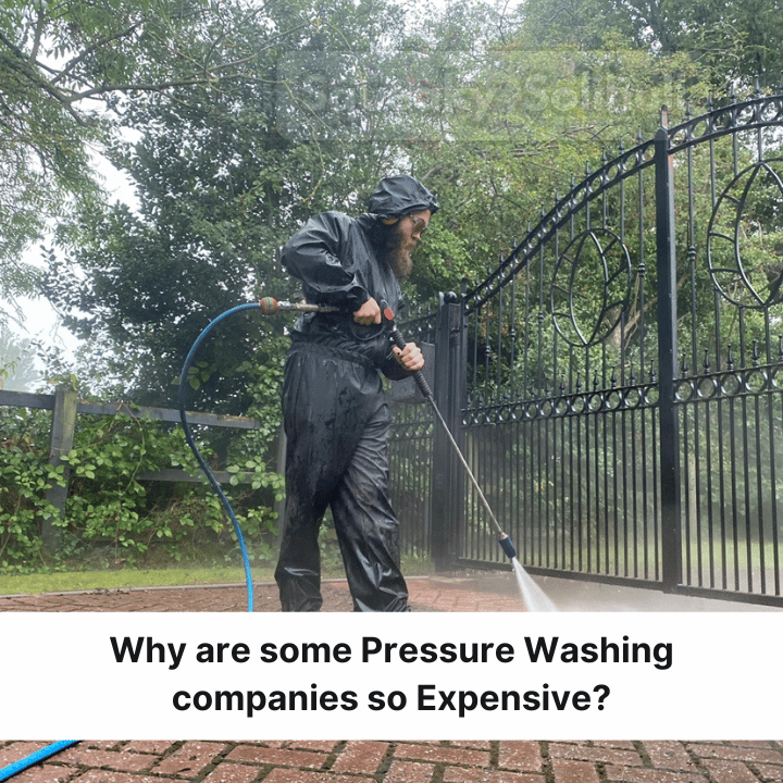 A person in protective rain gear pressure washes a driveway and gate. Text reads:
