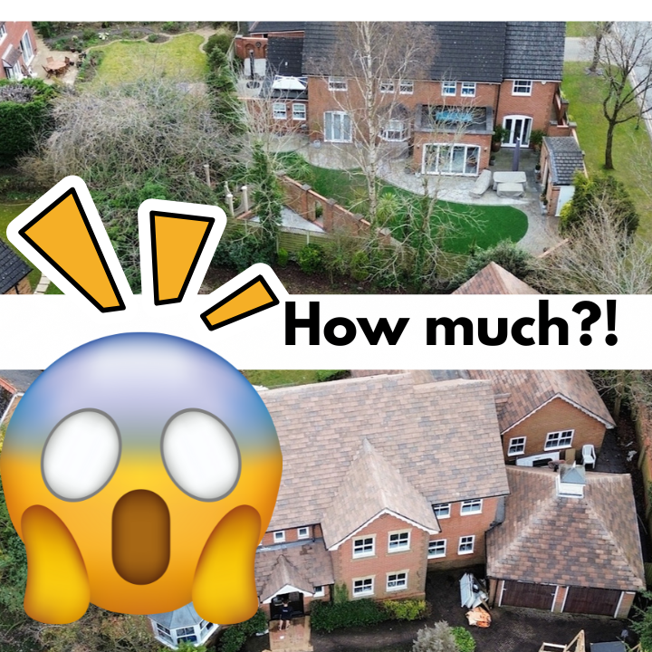 Aerial view of a home before and after renovation, with a shocked face emoji, labeled 