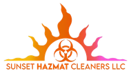 A logo for sunset hazmat cleaners llc with a sun and biohazard symbol