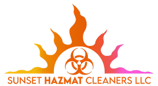 A logo for sunset hazmat cleaners llc with a sun and biohazard symbol