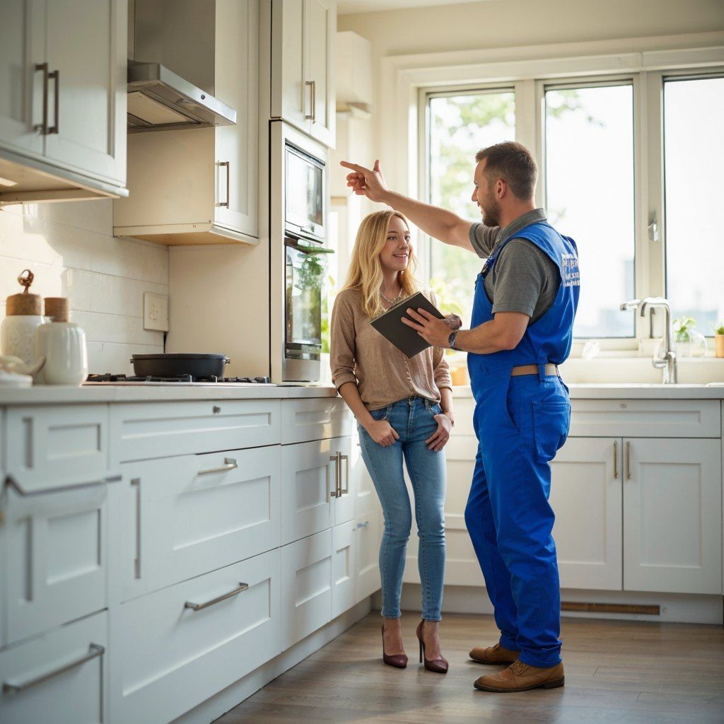 A man in blue overalls is talking to a woman in a kitchen.