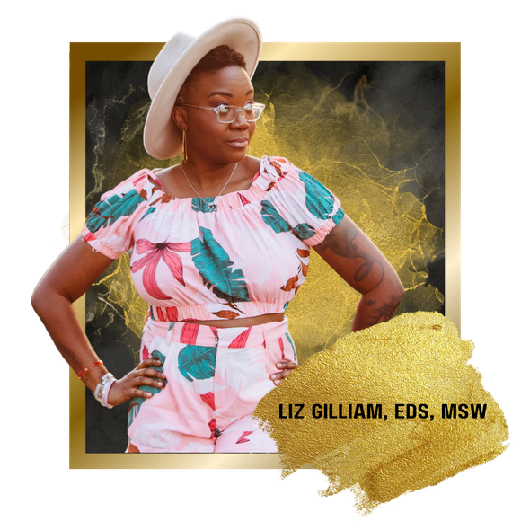An image of a Black woman in fun clothing and a tan felt hat.  Liz Gilliam, MSW