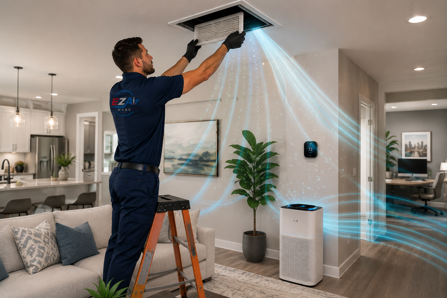 Technician cleaning an HVAC ceiling vent in a bright living room, with air flowing out as dust is removed