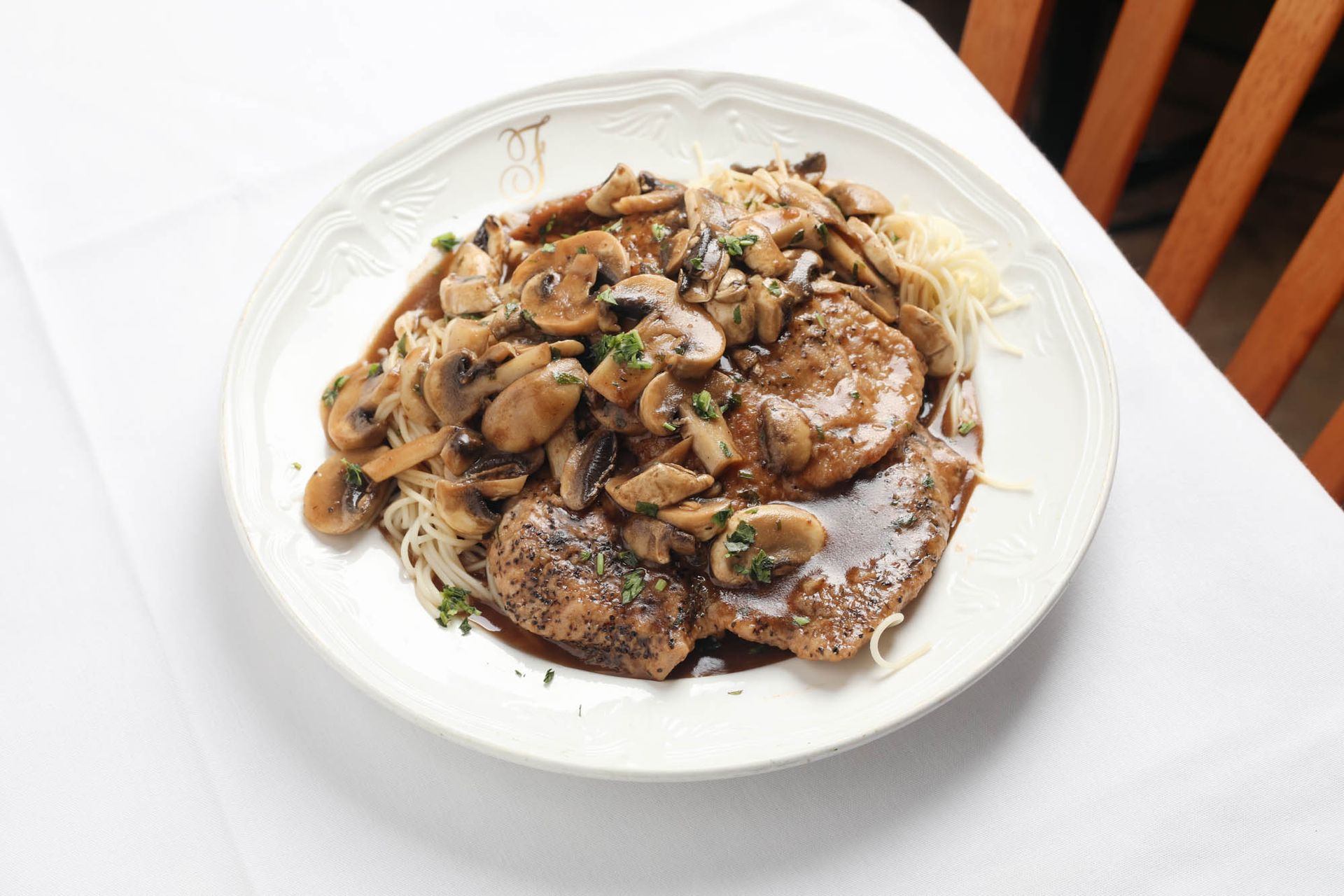 A white plate topped with meat and mushrooms on a table.