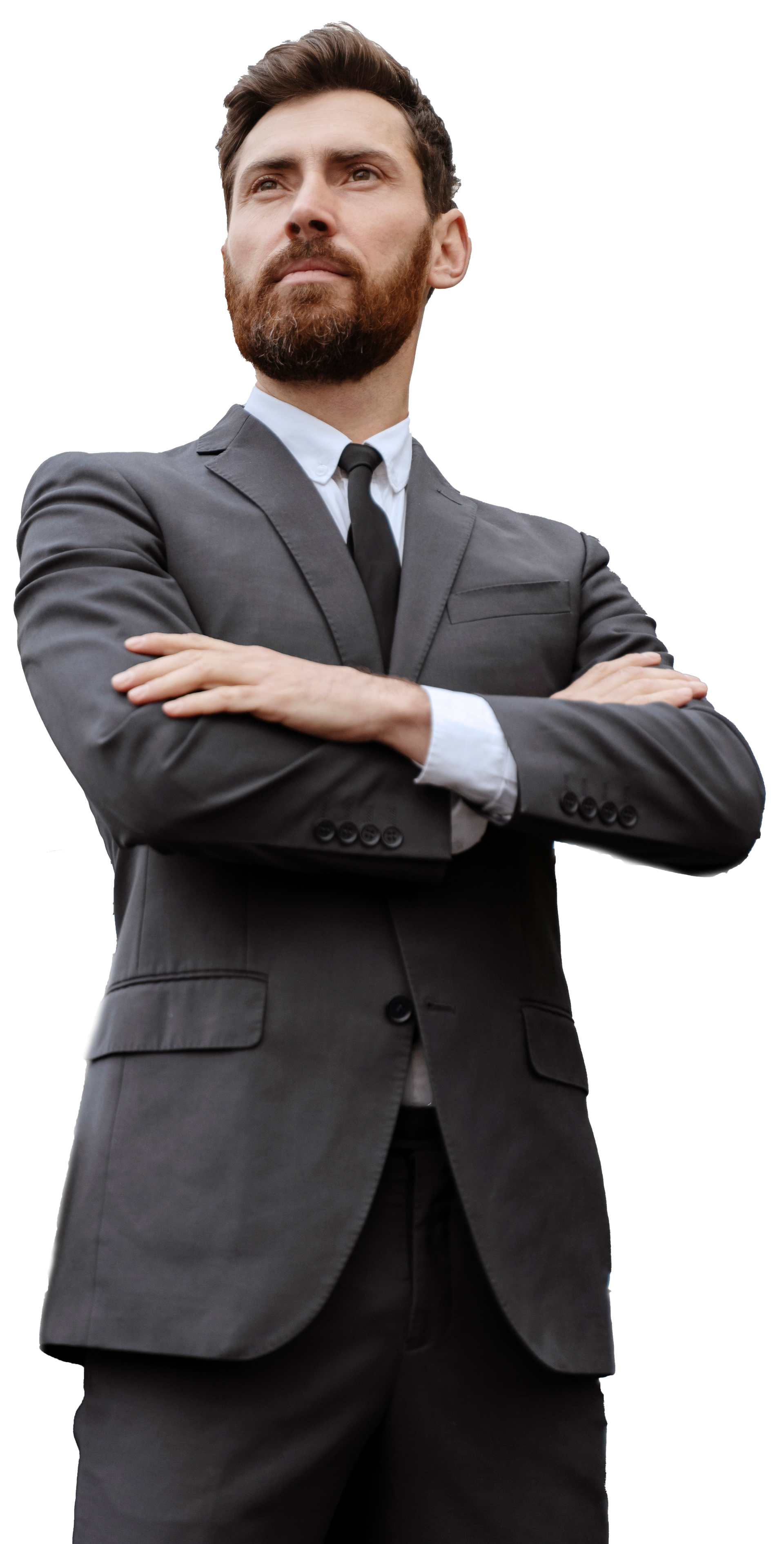 Confident person in a gray suit standing with arms crossed against a plain white background