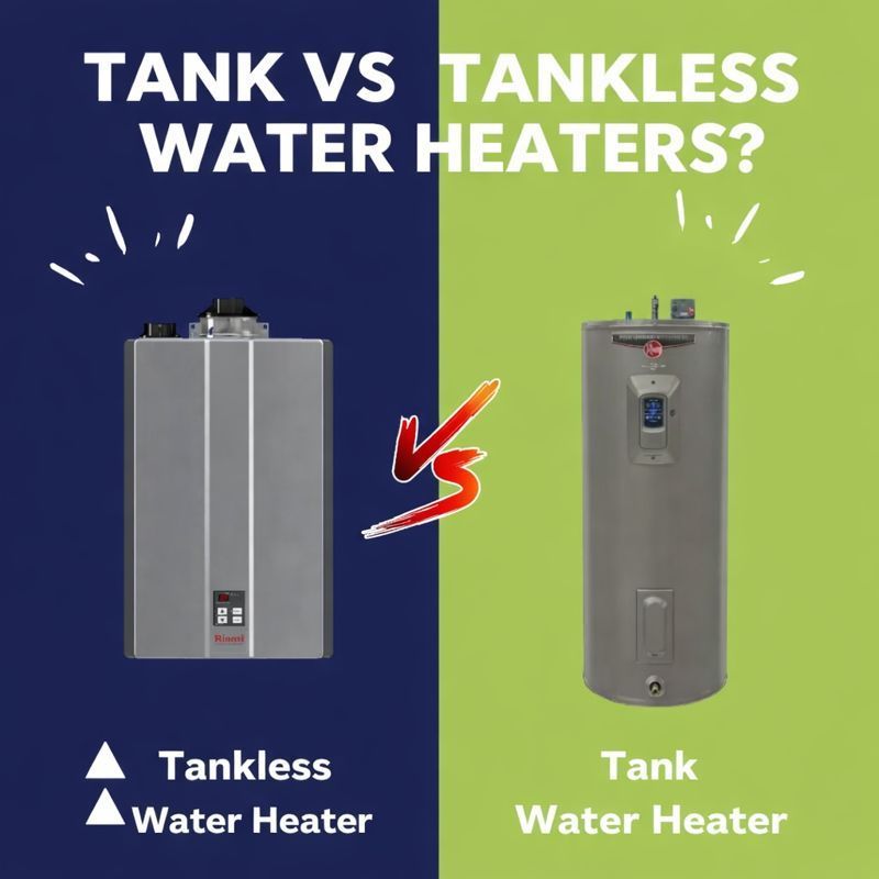 A tank style water heater next to a tankless with a vs symbol between them