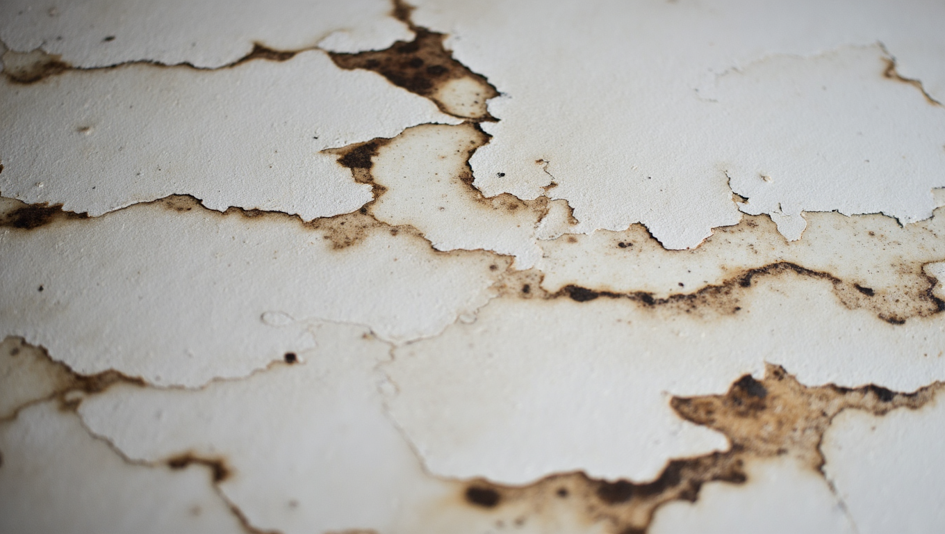 White surface with brown water damage, peeling paint.