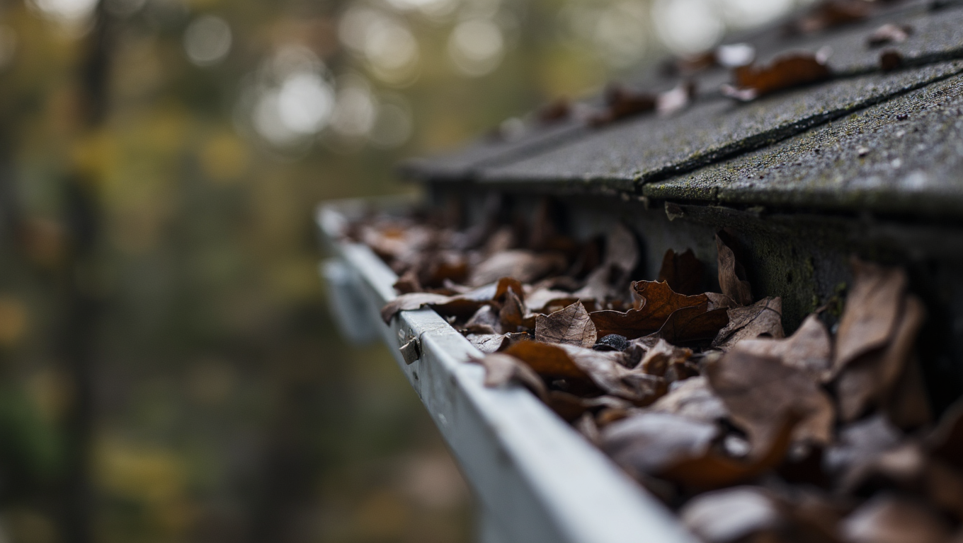 Gutters filled with brown leaves on a house roof.