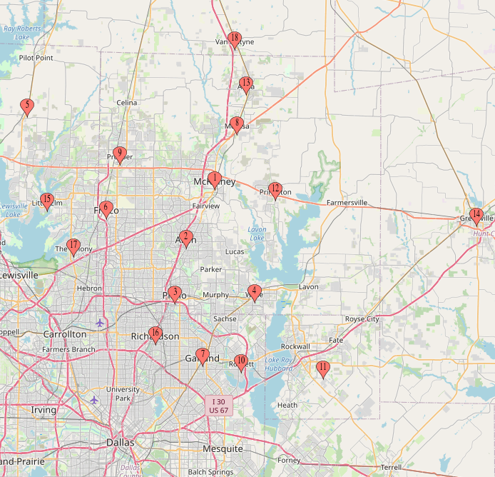 Map of Dallas, Texas, with numbered red markers indicating locations across the city and surrounding areas.