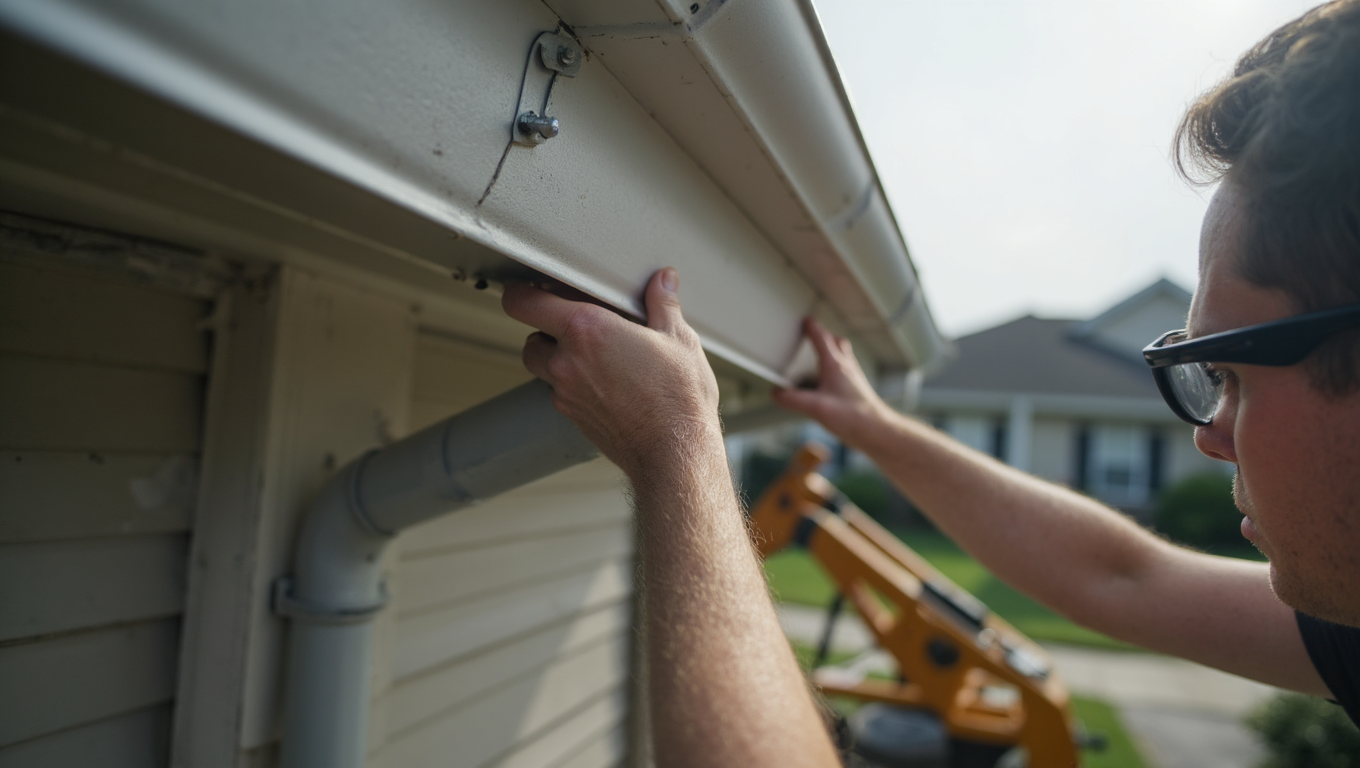 A person installing a gutter on a house. The person is holding the gutter with their hands, outdoors.