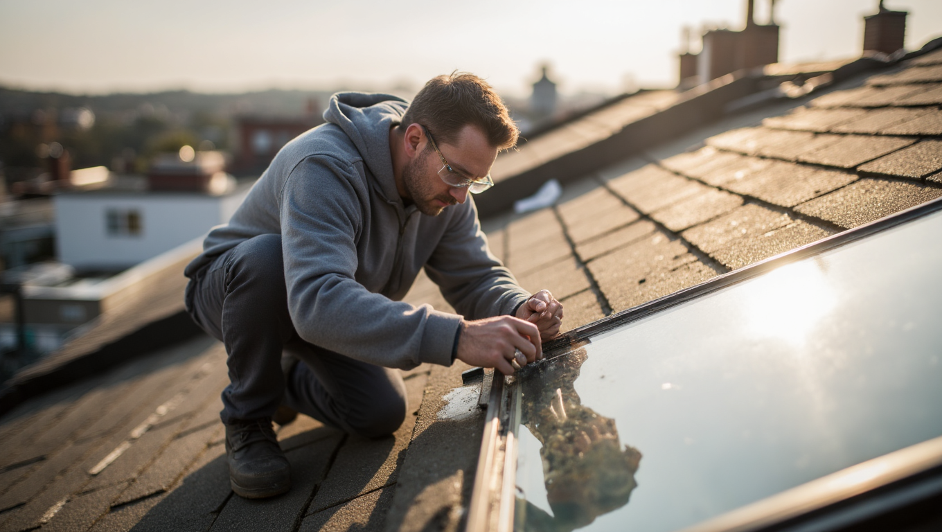 Man on a rooftop, installing a skylight; wearing glasses and a gray hoodie, sunny day.