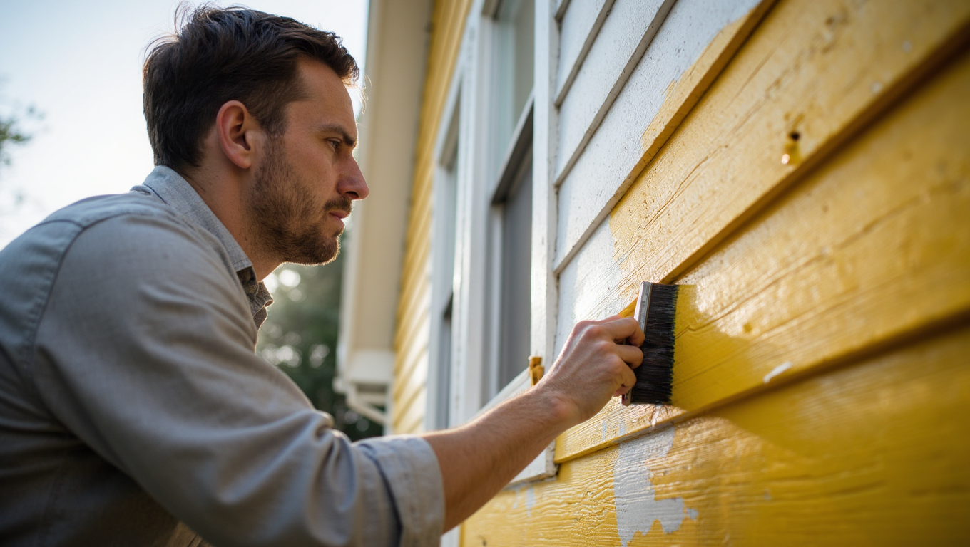 Man scraping peeling yellow paint from a house exterior, near a window.