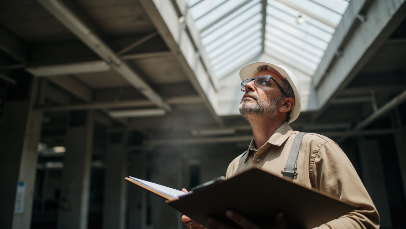 Construction worker in hard hat, looking up at a skylight, holding a clipboard.