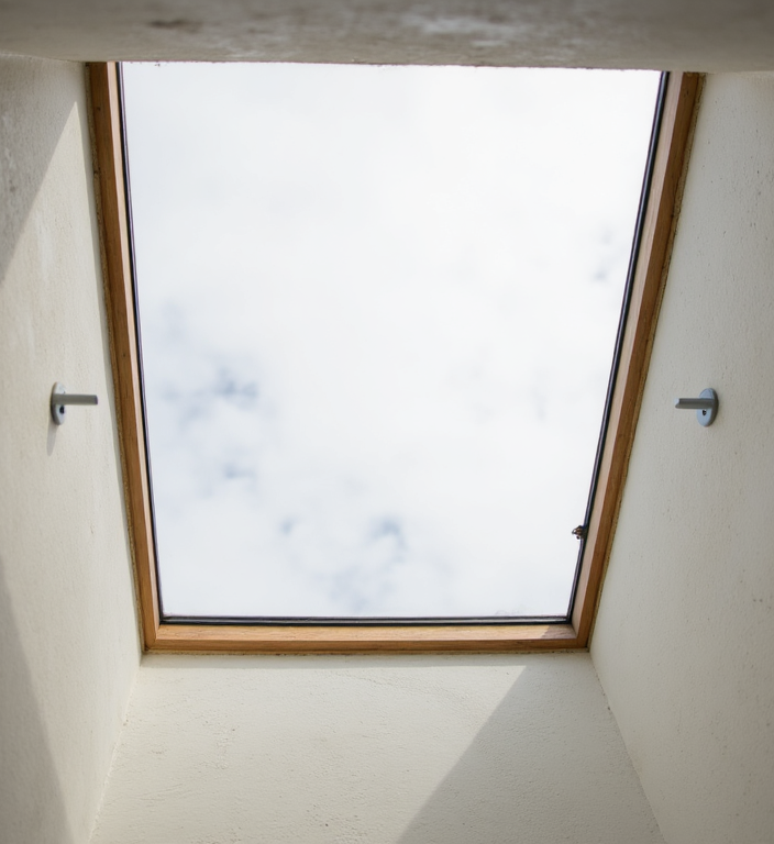 Skylight framed with wood, looking up at a cloudy sky, within a white-walled room.