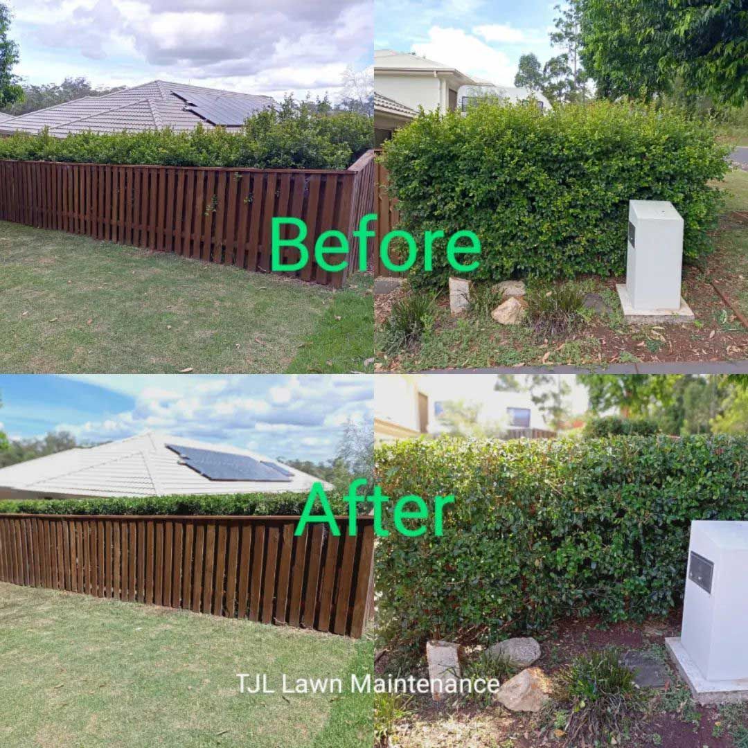 A Before And After Photo Of A Wooden Fence — TJL Lawn Maintenance in Port Macquarie, NSW
