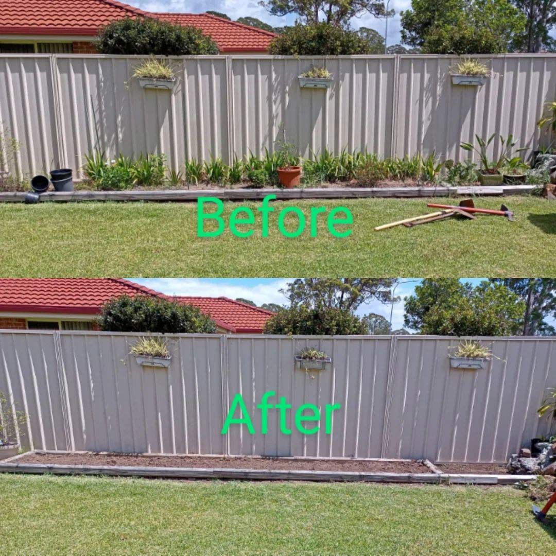A Before And After Picture Of A Fence In A Yard — TJL Lawn Maintenance in Port Macquarie, NSW