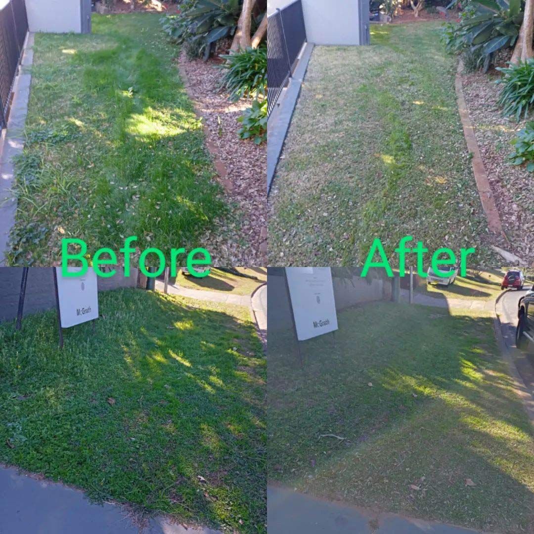 A Before And After Picture Of A Lawn With A Lawn Mower — TJL Lawn Maintenance in Port Macquarie, NSW