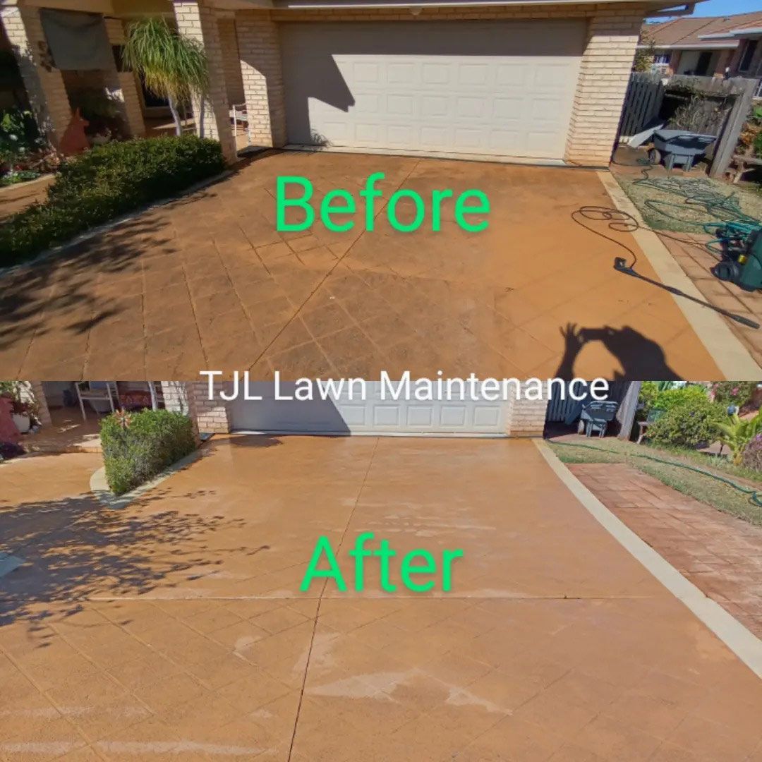 A Picture Of A Driveway Before And After Lawn Maintenance — TJL Lawn Maintenance in Port Macquarie, NSW