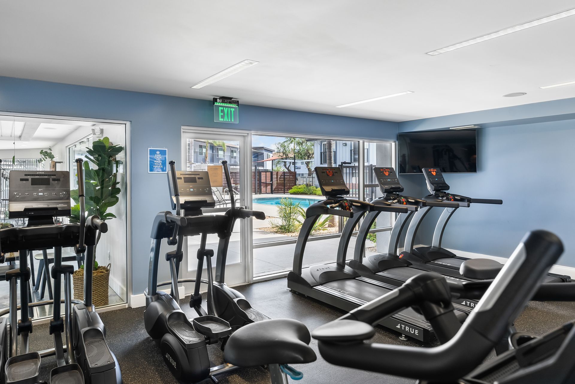 A gym with a lot of treadmills and exercise bikes.