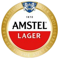 Logotipo circular de Amstel Lager con secciones horizontales blancas y rojas, escudo azul con dos leones