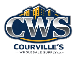 Logo for Courville&rsquo;s Wholesale Supply LLC featuring silver "CWS" letters in a dark blue oval with gold accents and buildings.