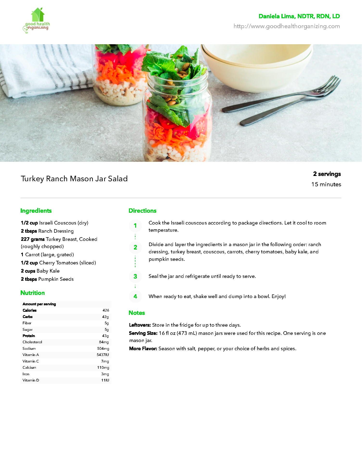 A recipe for a salad in a jar with a bowl and fork.