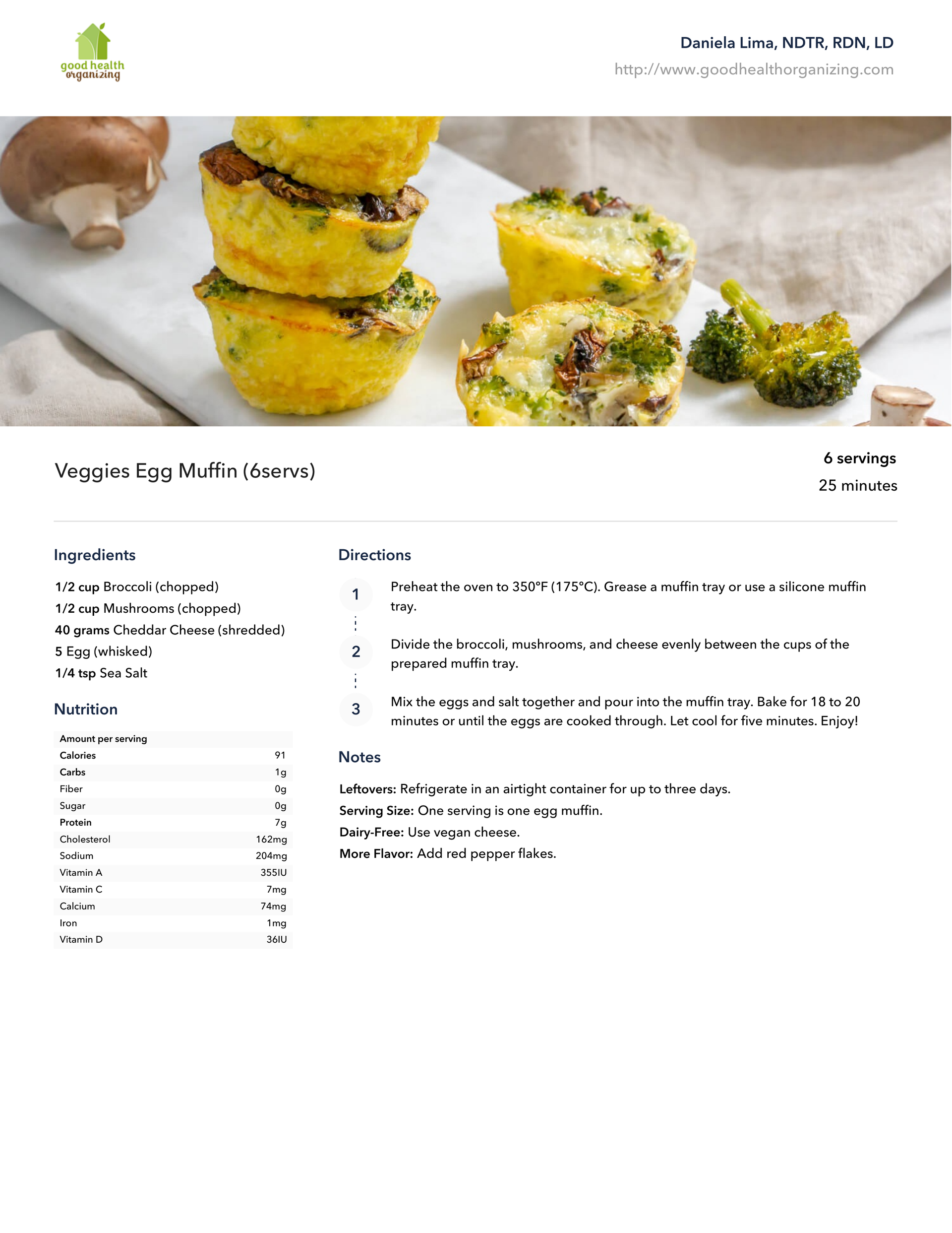 A recipe for egg muffins with broccoli and mushrooms on a cutting board.