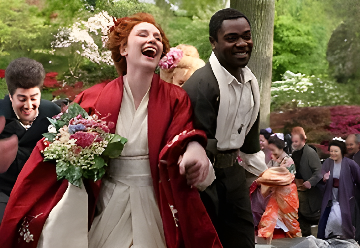 A woman in a red coat is holding a bouquet of flowers
