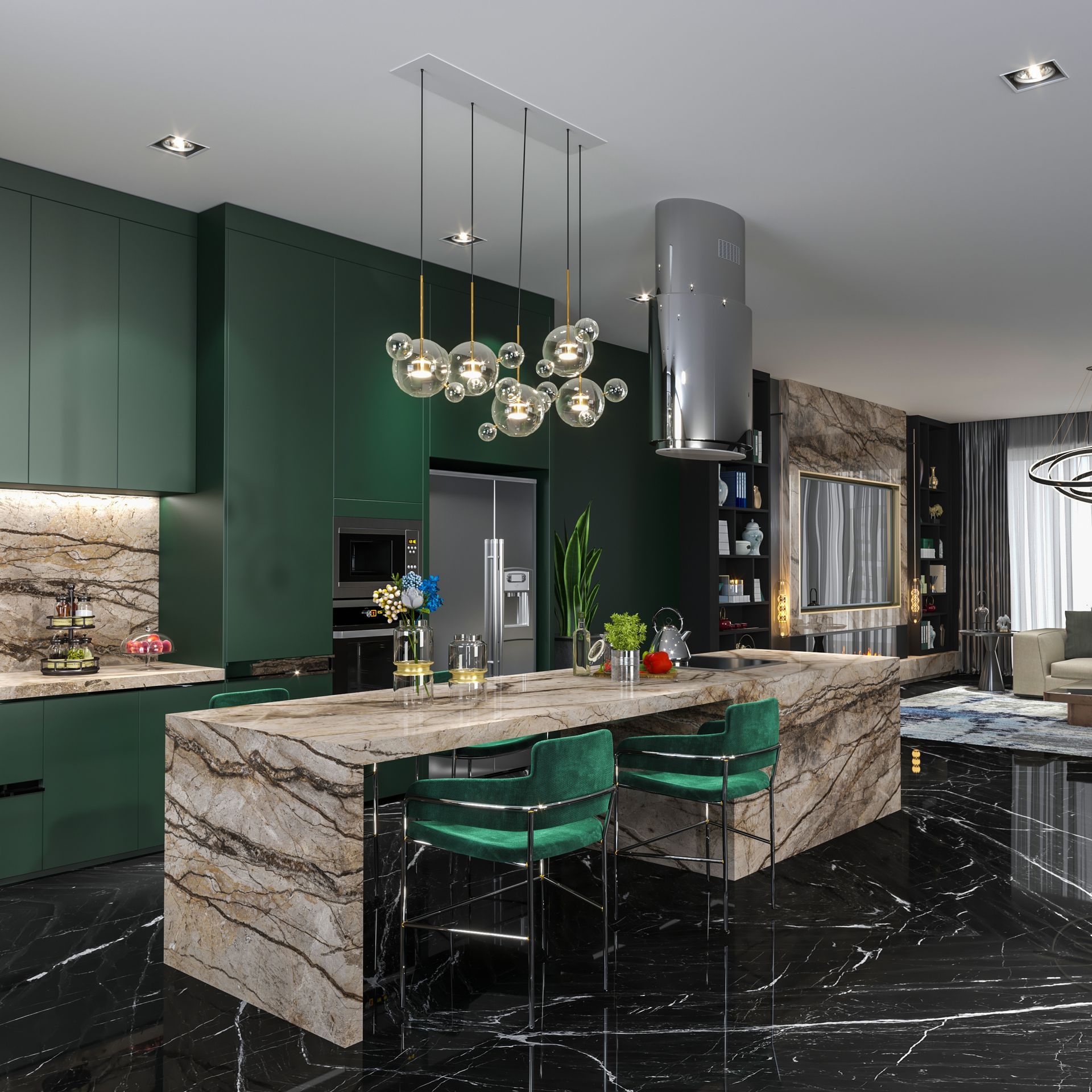 A kitchen with green cabinets and a large island
