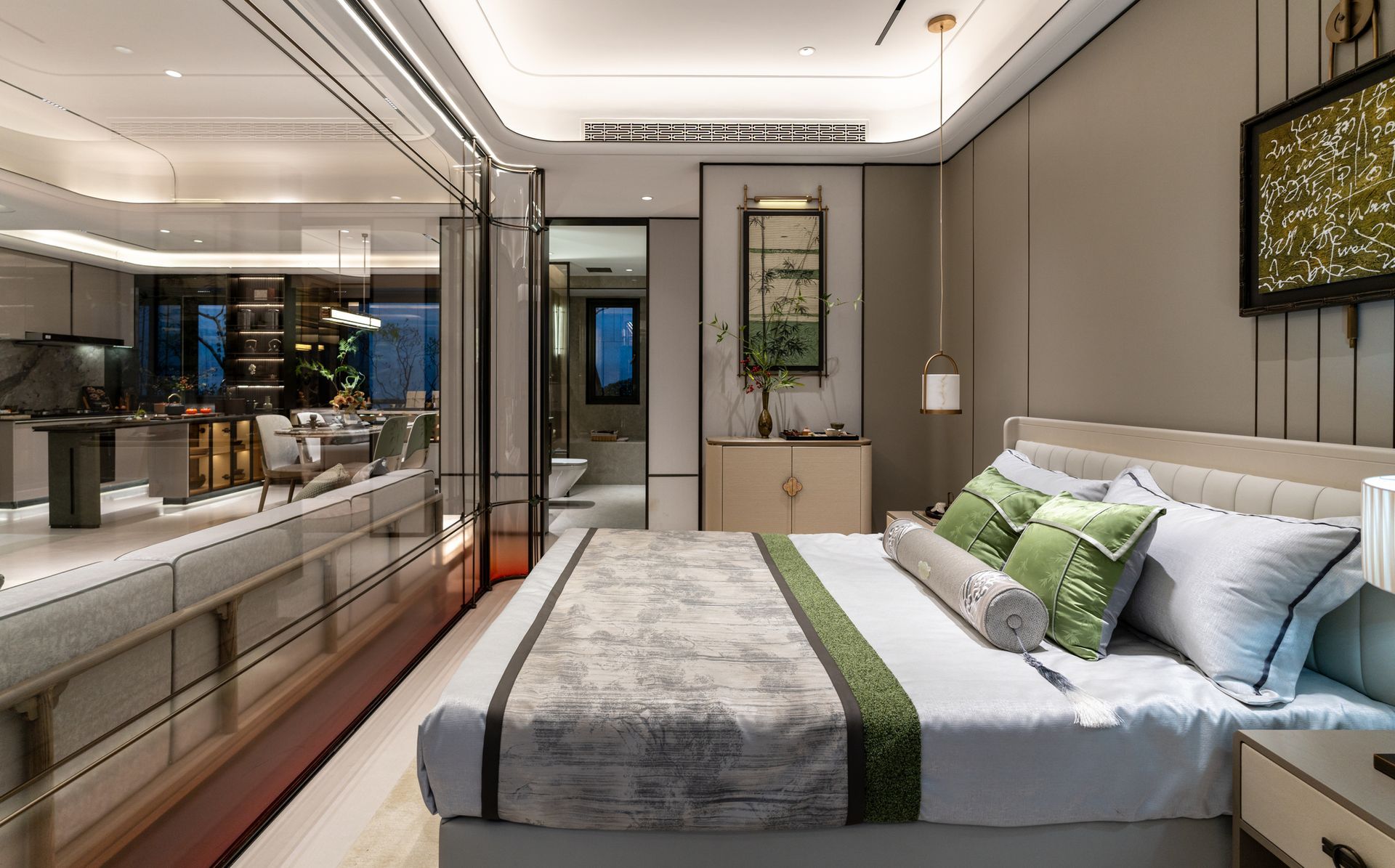 There is a large bed in the middle of the room.