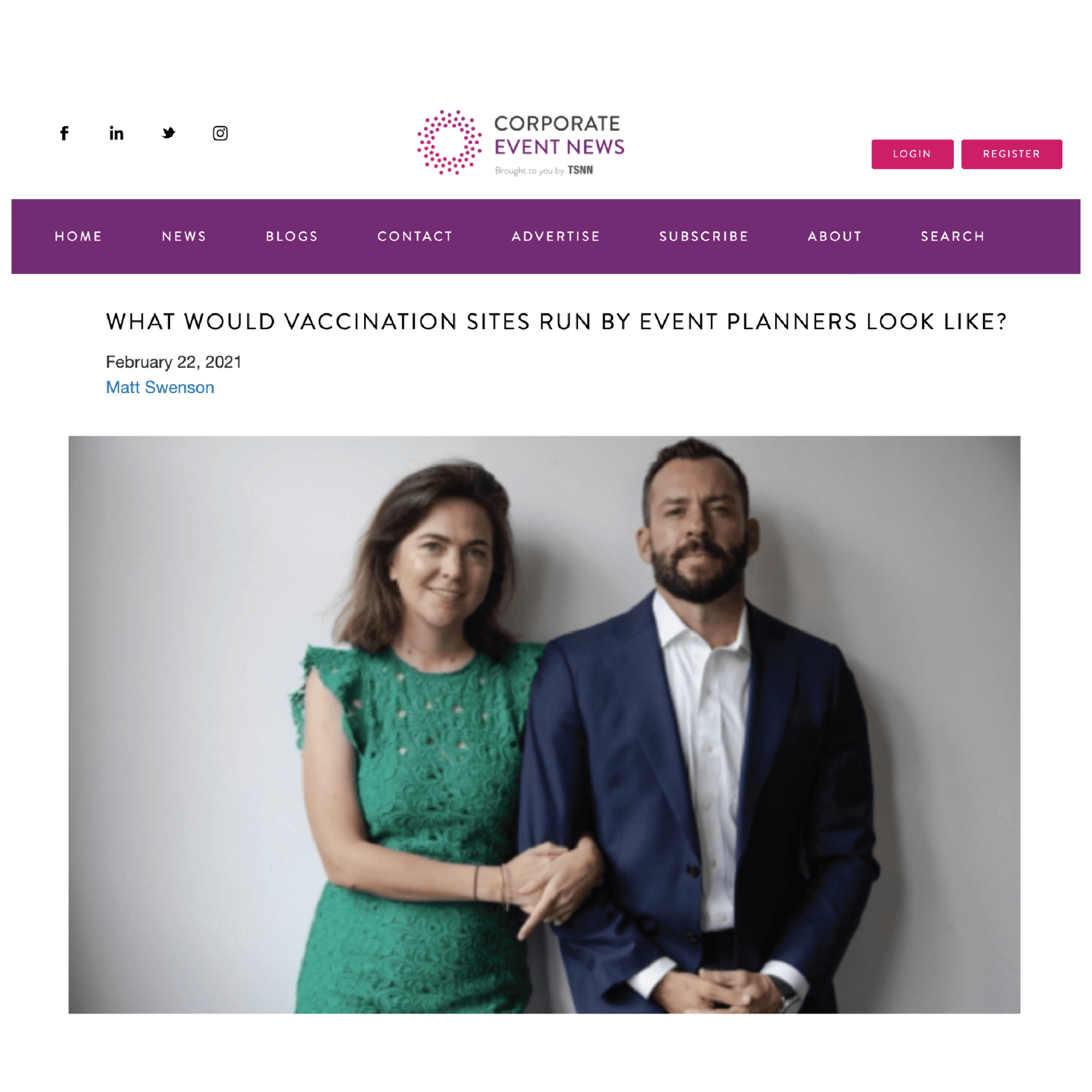 A man and a woman are standing next to each other on a website.