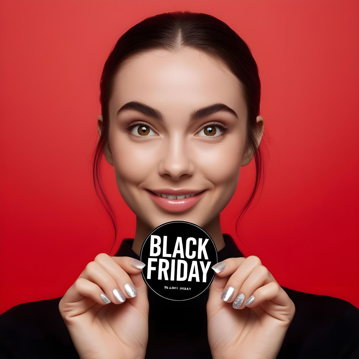 A woman is holding a black friday sign in her hands