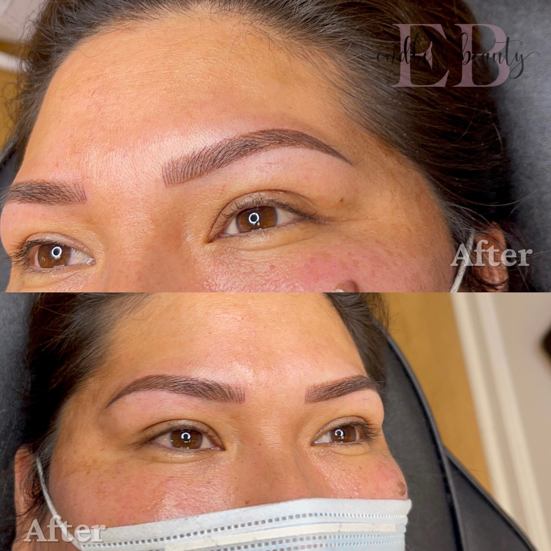a before and after photo of a woman's eyebrows