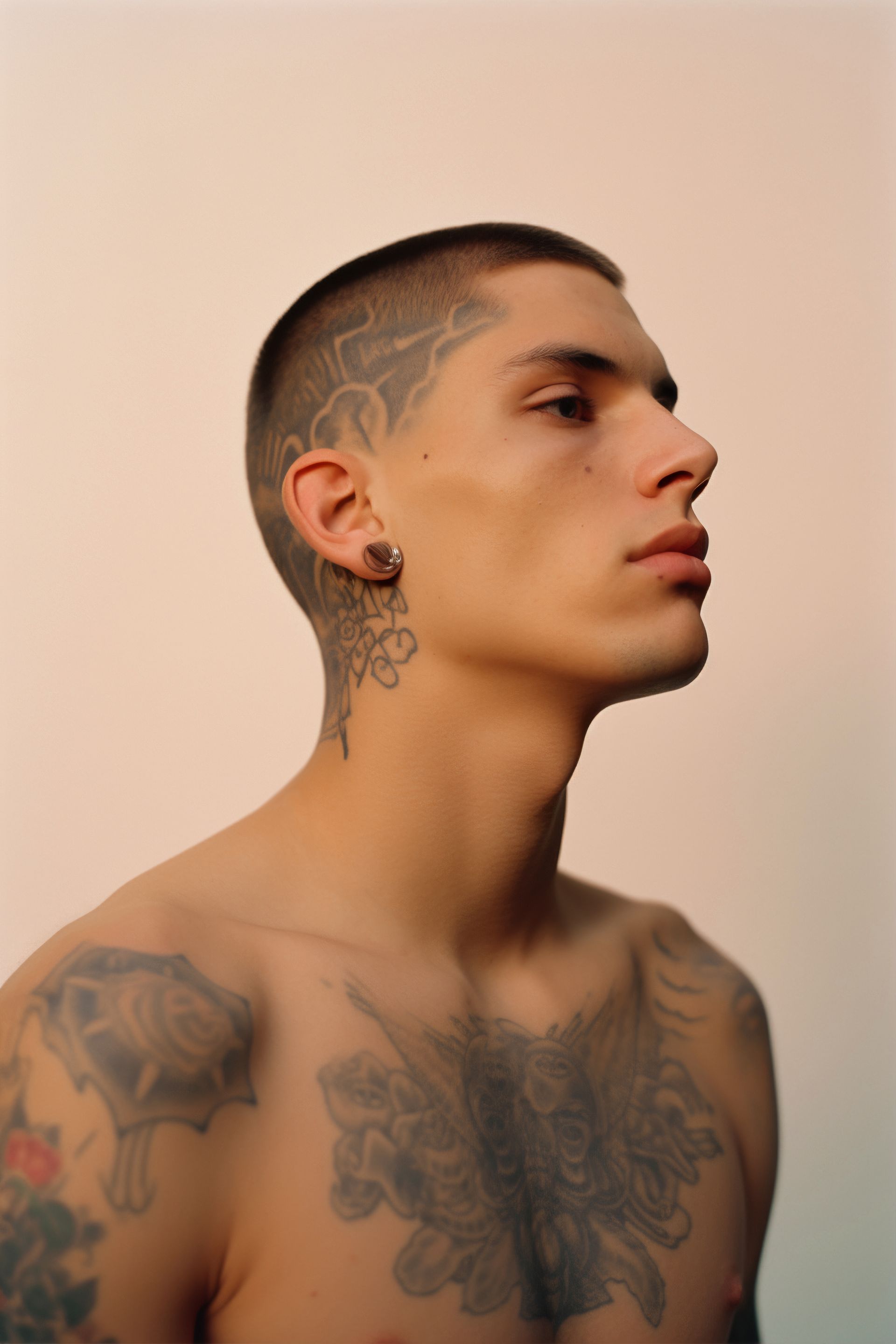 A shirtless man with tattoos on his chest and neck