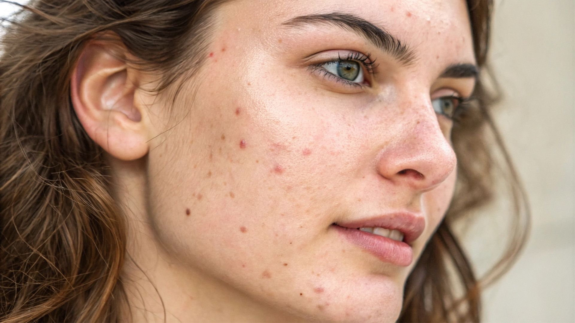 Young woman with acne on her face; brown hair, light skin, slight smile.