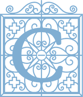 Light blue ornate letter C with decorative swirls and cross motifs on a white background