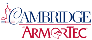 A logo for cambridge armortec with a tower on it
