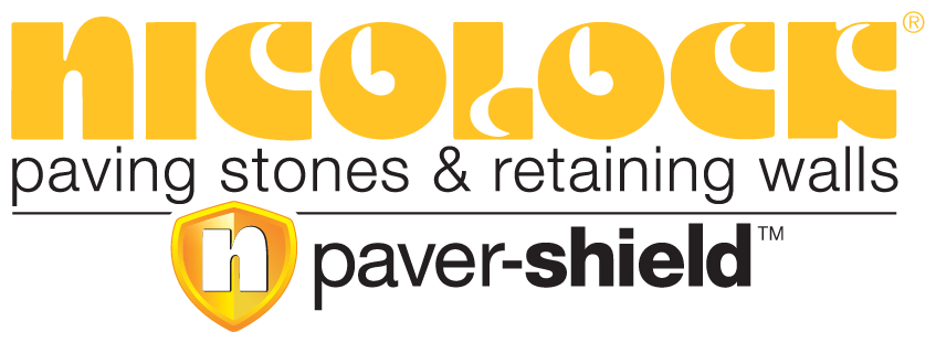 A logo for nicolock paving stones and retaining walls paver shield.
