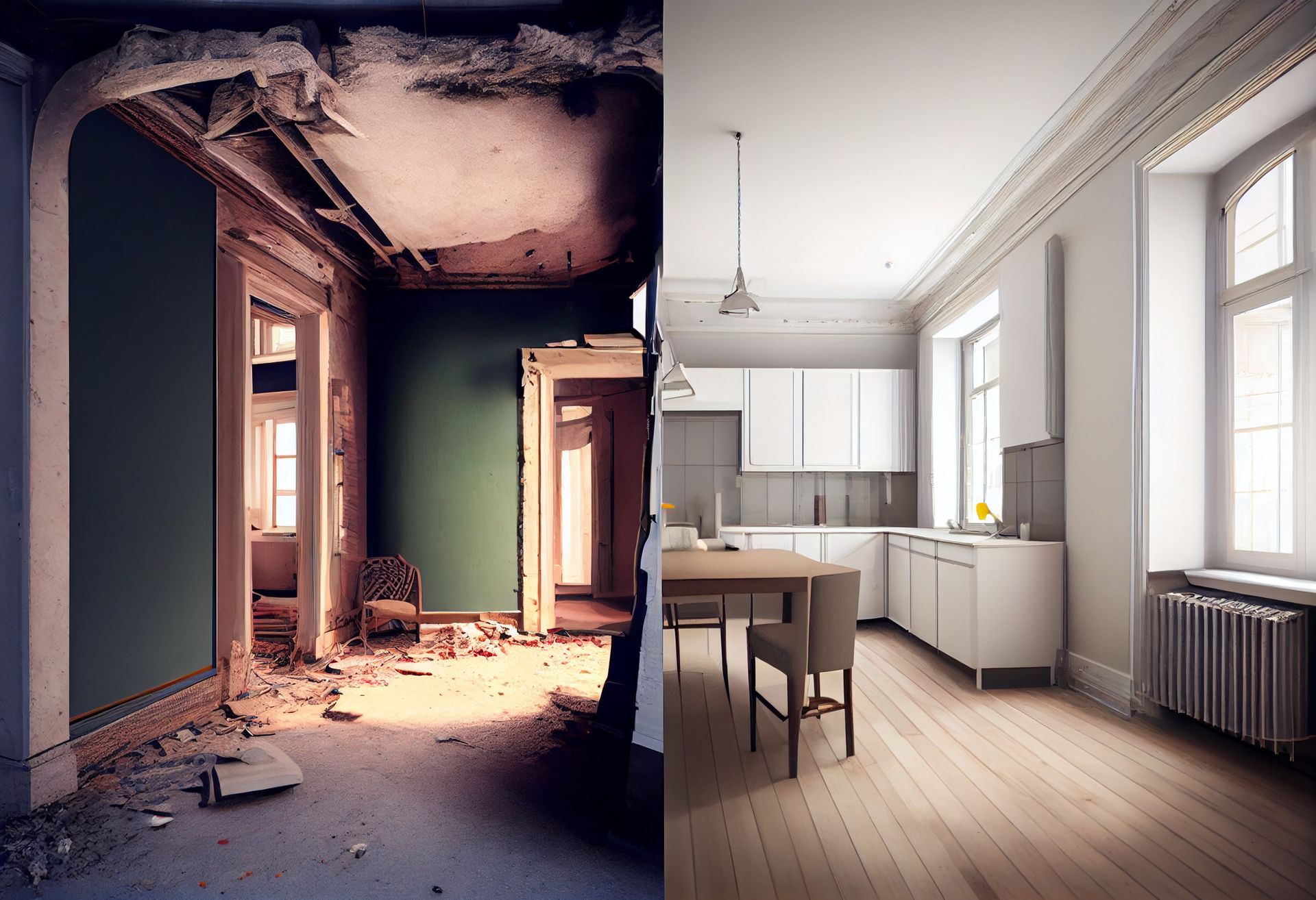 A before and after picture of a room and a kitchen