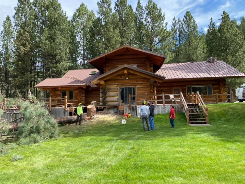 A log cabin with a brown roof and a green yard with people and a felled tree.
