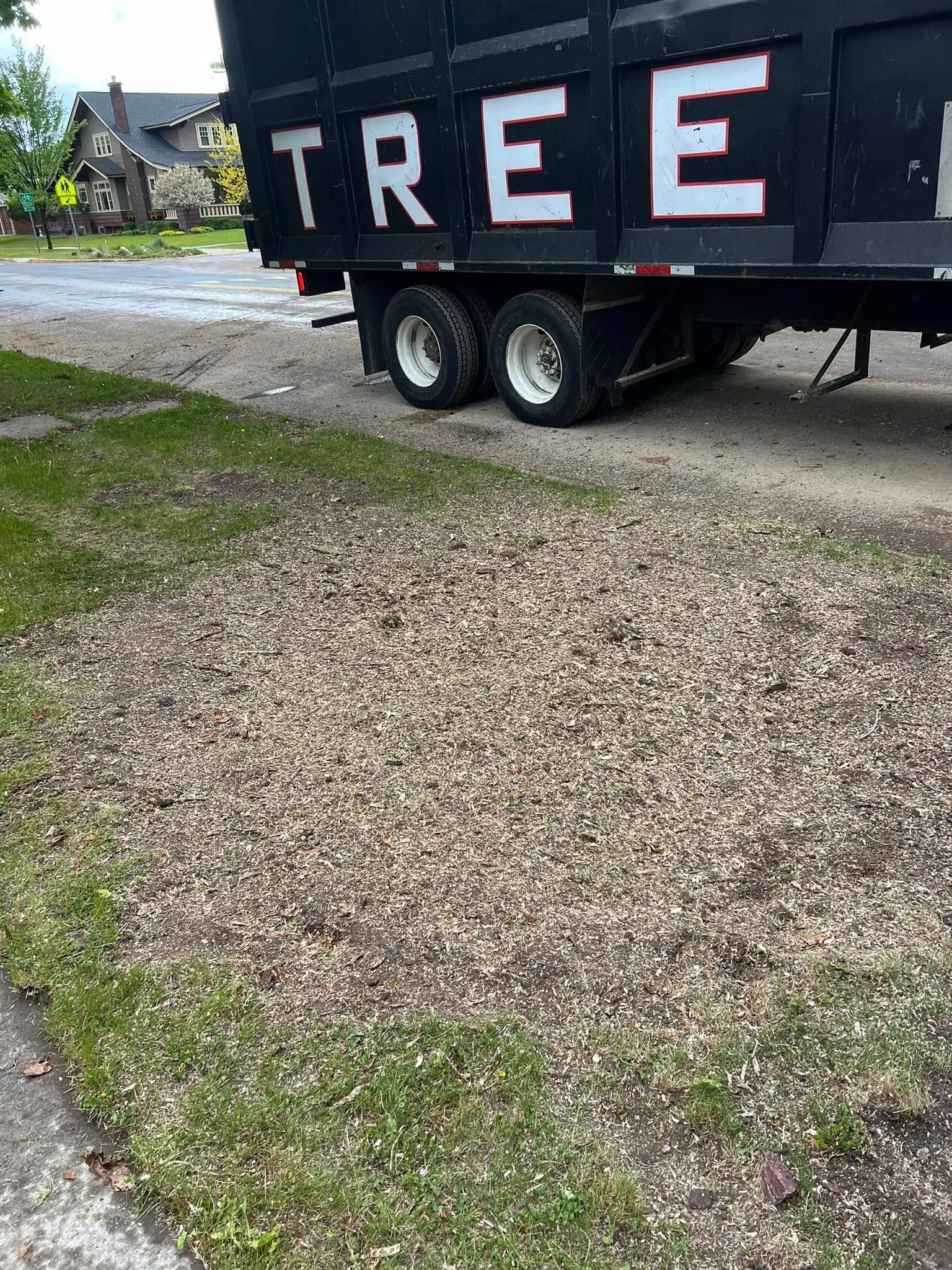 A black tree service truck parked next to a yard covered in wood chips.
