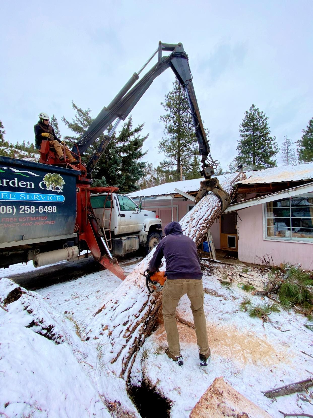 A tree being removed from a house in a snowy setting. A worker uses a chainsaw while a crane supports the tree.