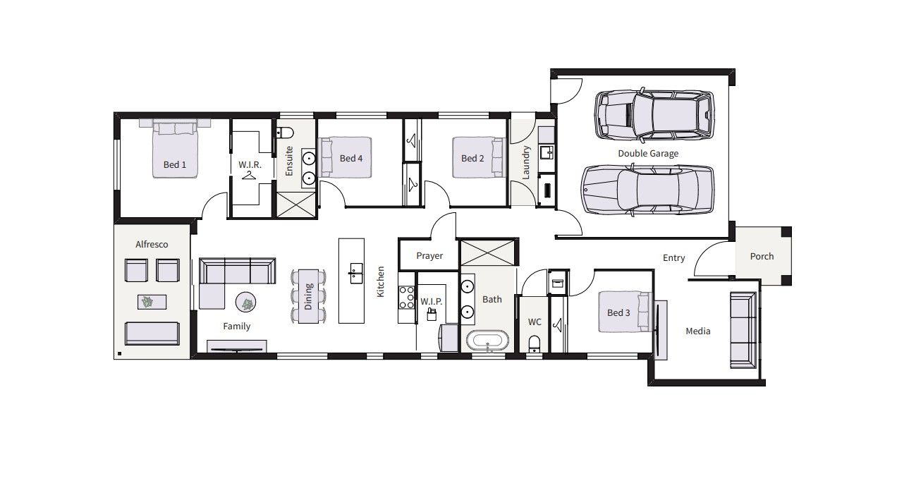 Modern beige house with a driveway, garage, and front yard landscaping.