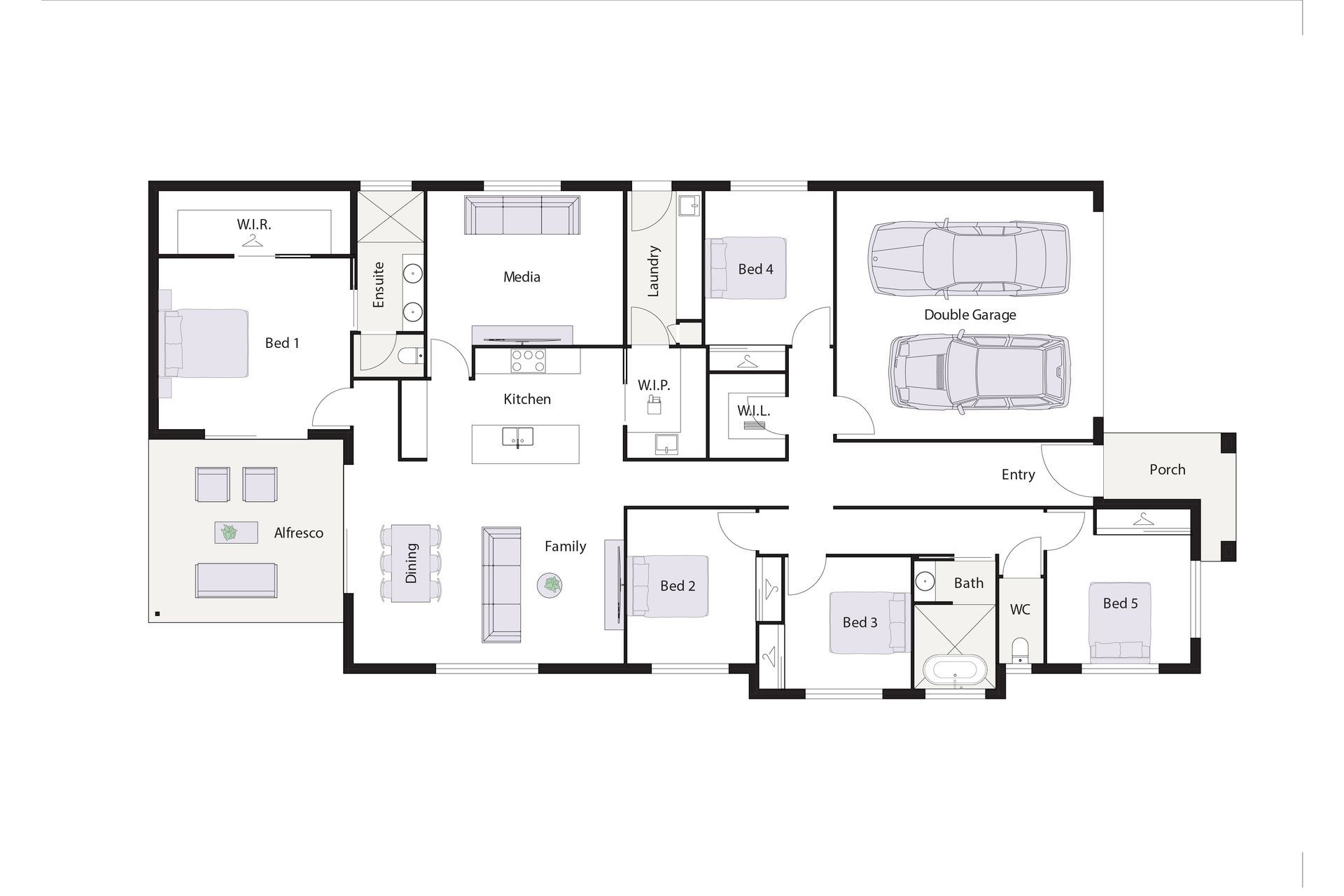Modern beige house with a driveway, garage, and front yard landscaping.
