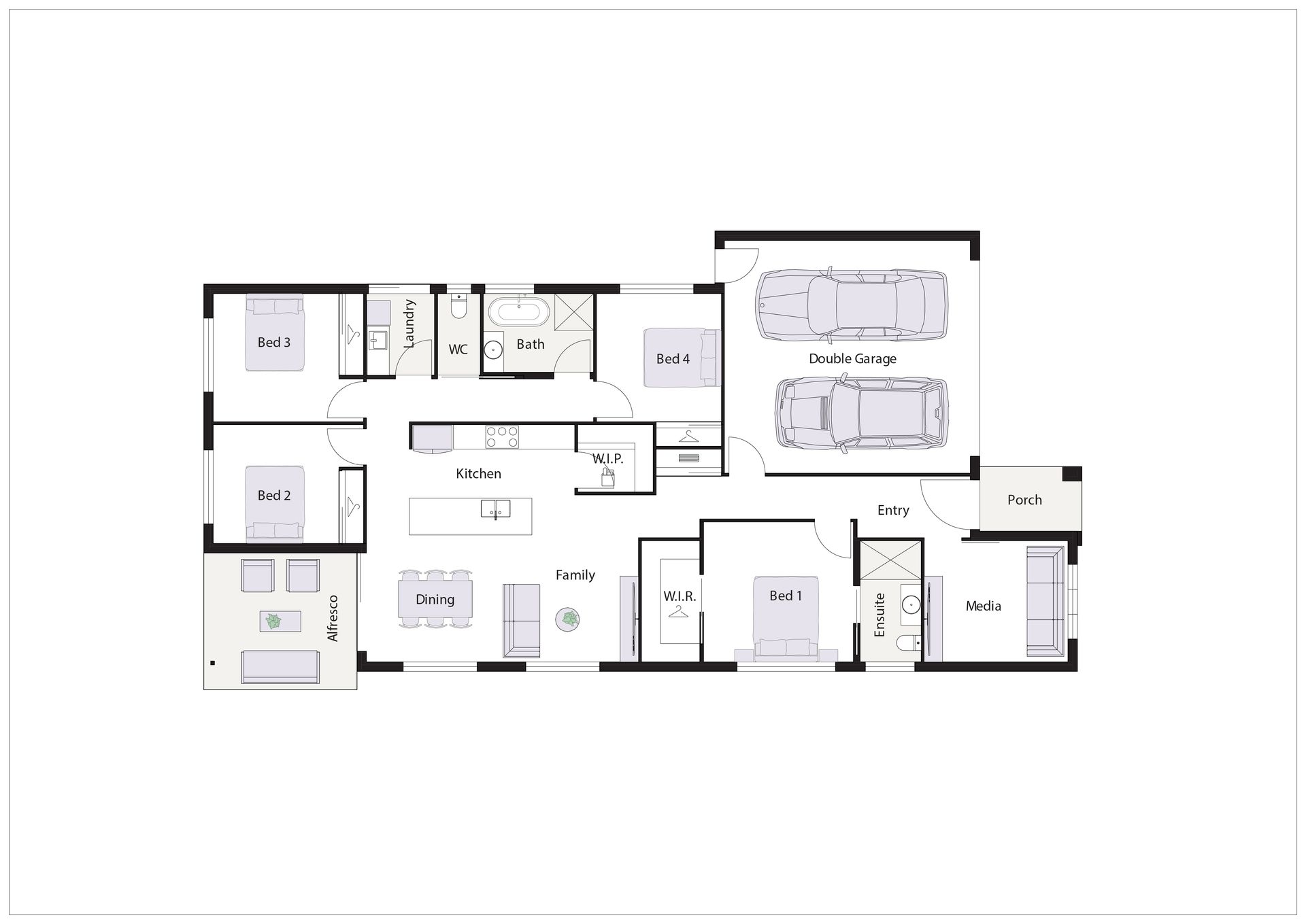 Modern beige house with a driveway, garage, and front yard landscaping.