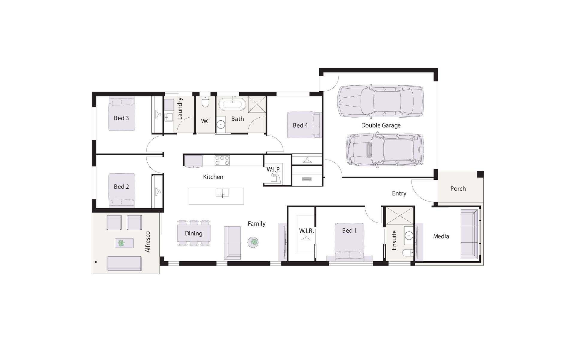 Modern beige house with a driveway, garage, and front yard landscaping.